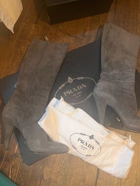 Prada Grey Suede Tall Boots - Size 39